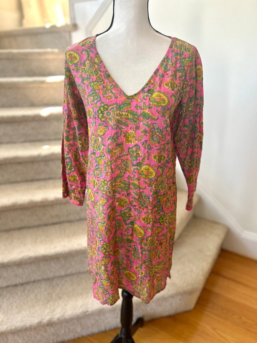 Graham Kandiah Pink Yellow Green Cotton Indian Block Print Tunic Dress